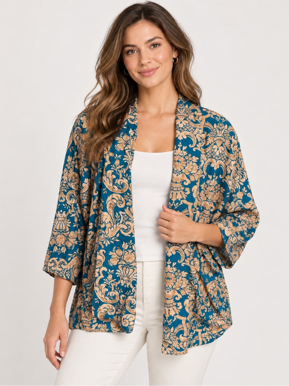 Made in Italy Teal & Beige Damask Open Front Cardigan Jacket – One Size